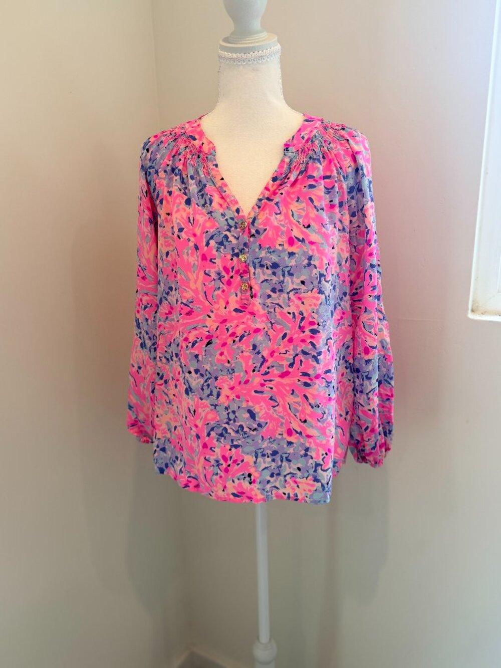 Lilly Pulitzer Elsa Silk Blouse – Pink Blue Floral Print – Size S